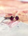 Minimalist Redish Purple Rhodolite Garnet Gold Stud Earrings