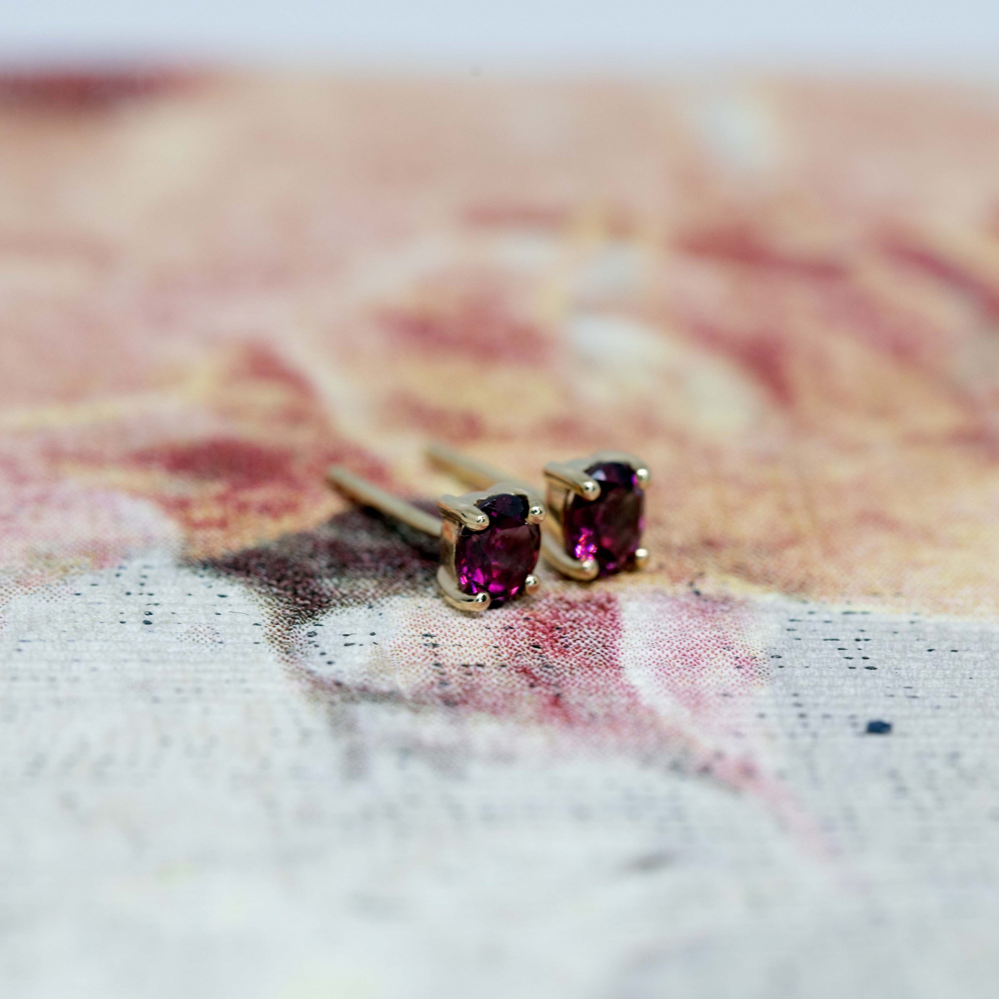 Minimalist Redish Purple Rhodolite Garnet Gold Stud Earrings