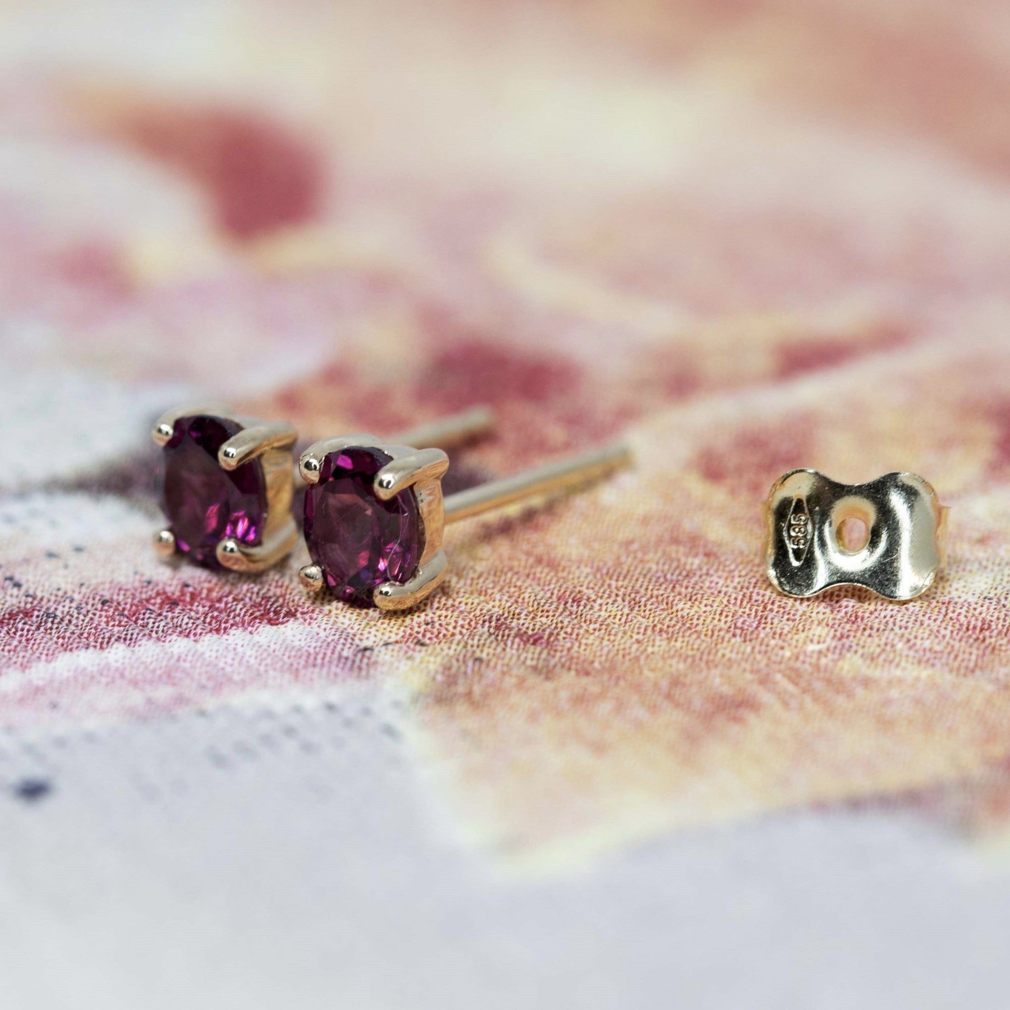 Minimalist Redish Purple Rhodolite Garnet Gold Stud Earrings