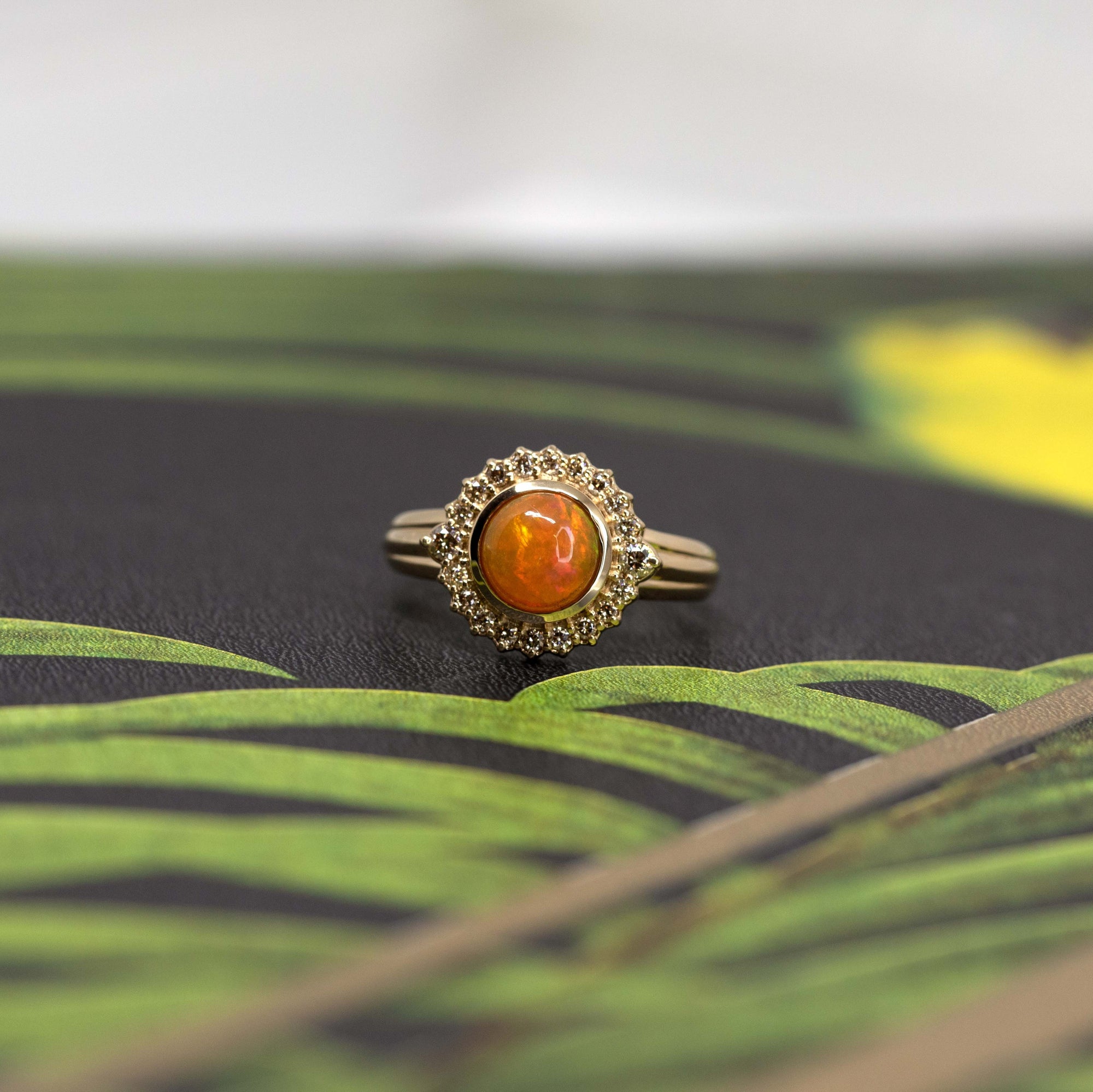 brown diamond yellow gold opal ring made in montreal by bena jewelry