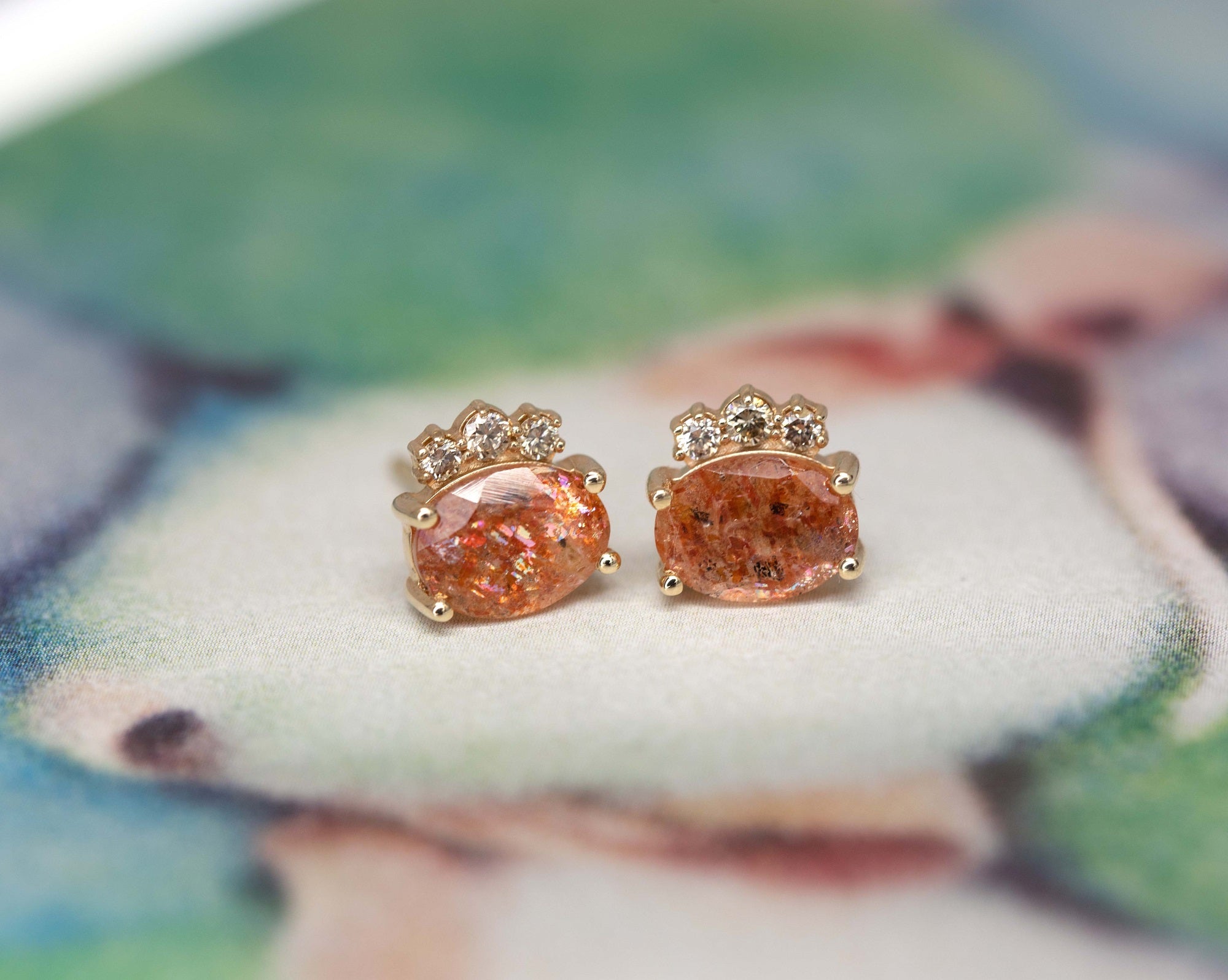 Sunstone & Cognac Diamond Gold Earrings - 0.17 ct