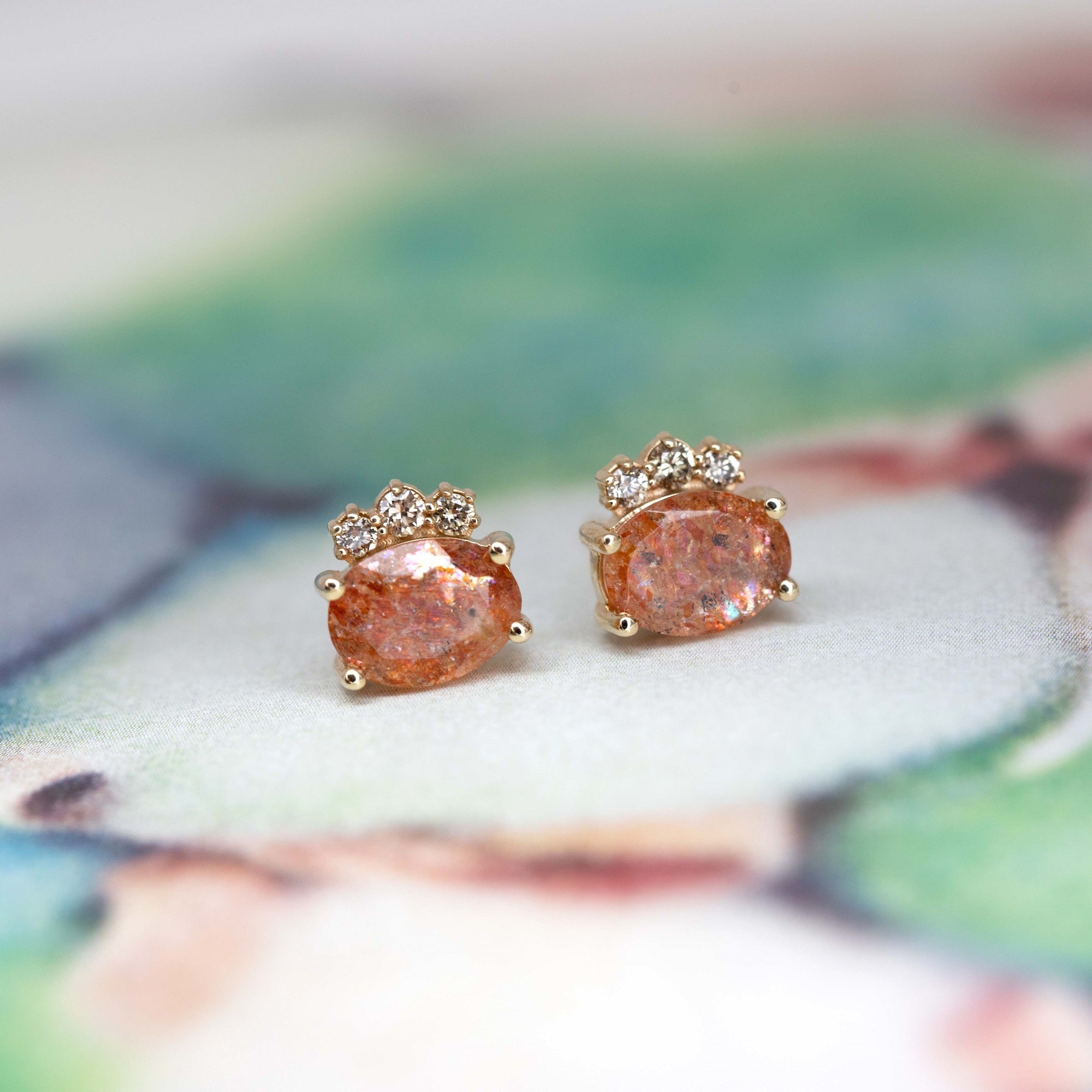 Sunstone & Cognac Diamond Gold Earrings - 0.17 ct