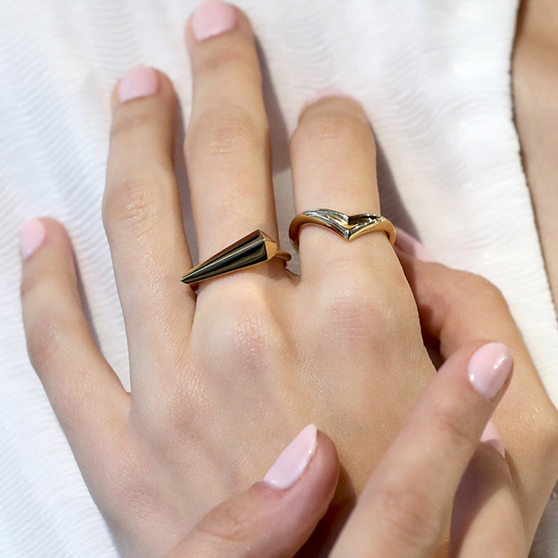 Top-down view of Spine Ring in Yellow Gold – A refined fine jewelry piece with an elongated, pointed silhouette.