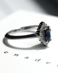 Side view of edgy bridal ring maquise shape blue sapphire bena jewlery color gemstone specialist montreal made in canada fine jewelry small diamonds bridal fashion ring montreal edgy bena jewelry