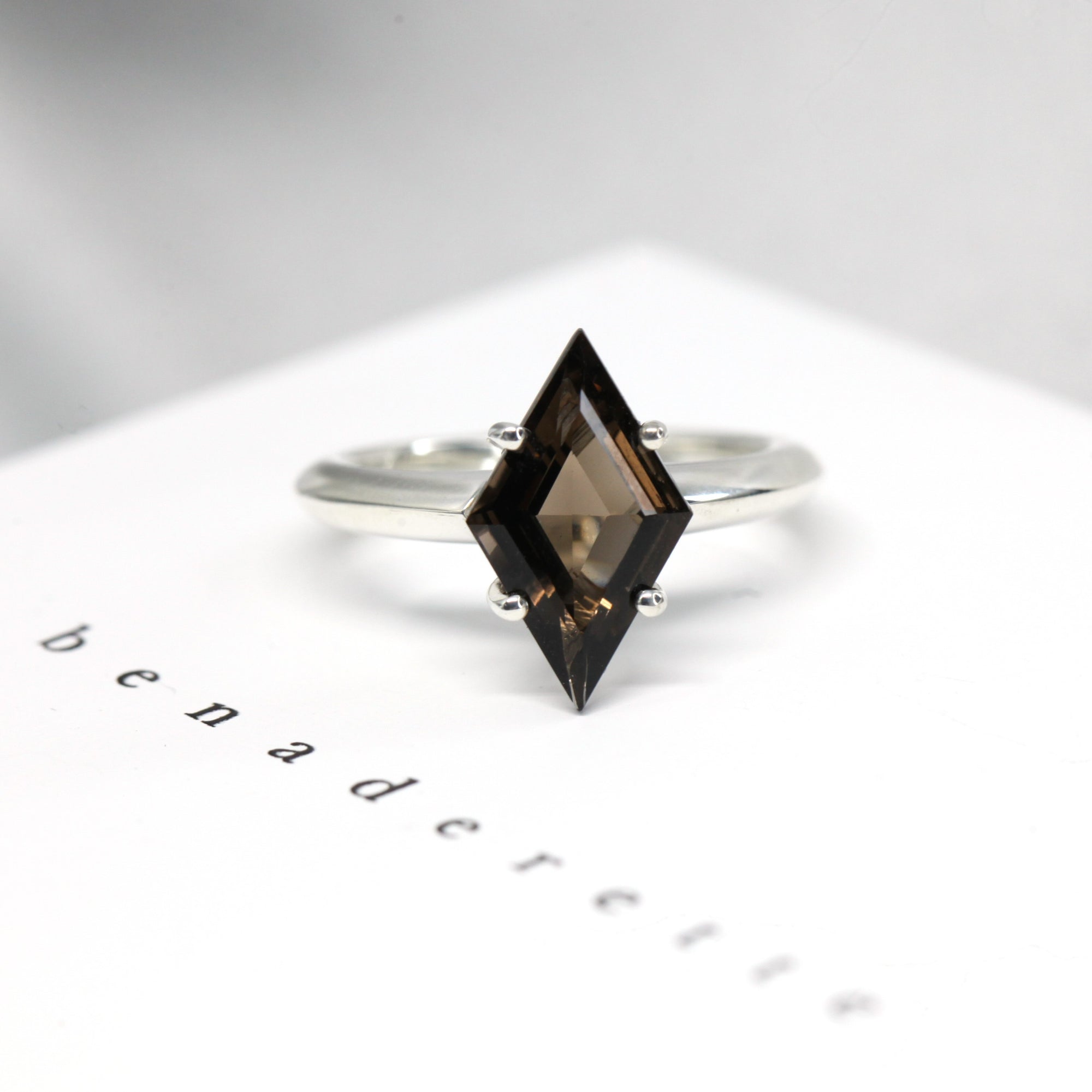 Bena Jewelry smoky quartz lozeng shape ring montreal made in canada cocktail ring with big gemstone fancy shape silver fine jewelry unique shape dark brown gemstone fine jewelry
