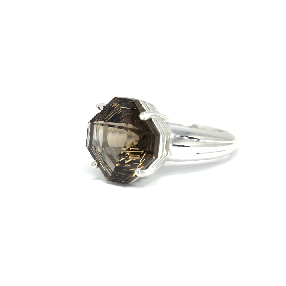 Side view of fancy shape cocktail ring smoky quartz jewelry by bena jewelry montreal custom bridal ring designer
