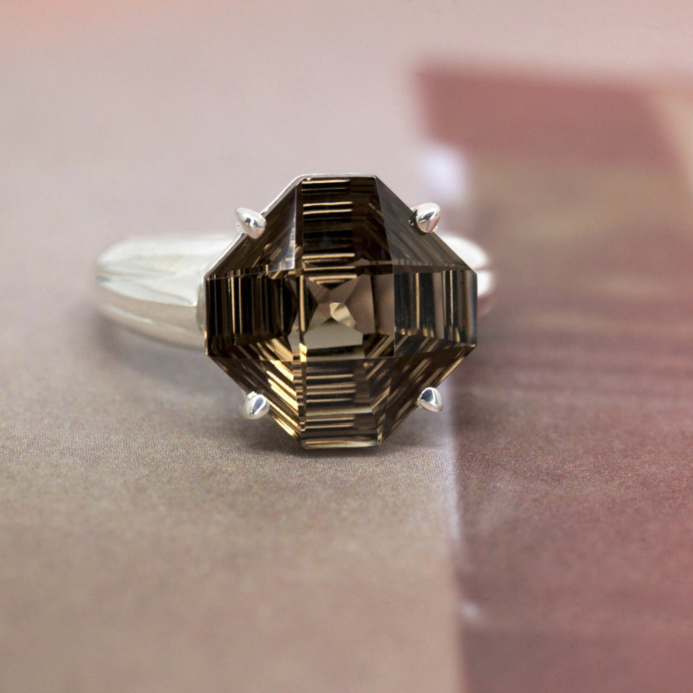Front view of fancy shape smoky quartz cocktail ring ma dein montreal by bena jewelry fine jewelry designer custom bridal ring and minimalist gemstone jewelry