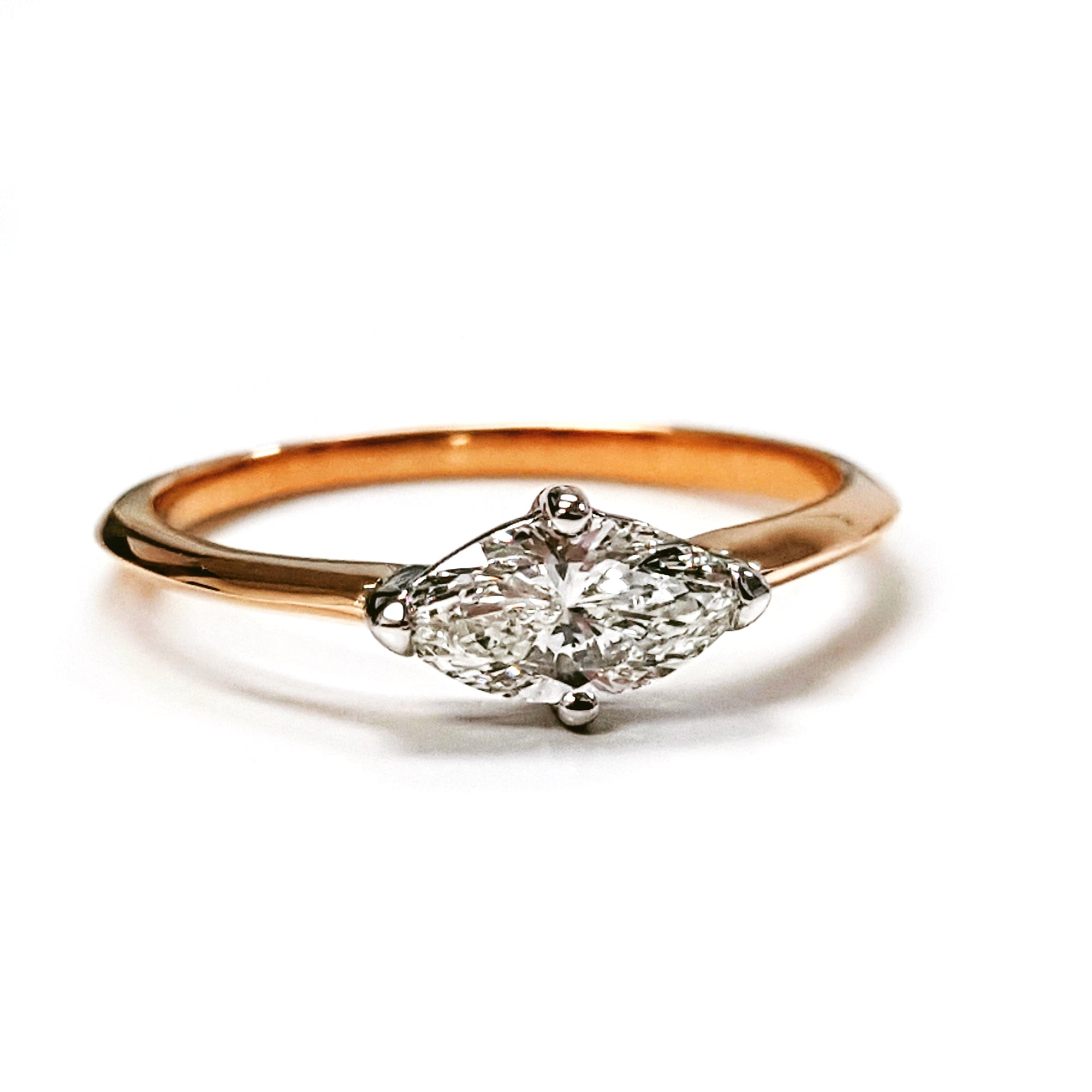 marquise diamond engagement ring bena jewelry custom made bridal engagement ring rose gold marquise shape diamond montreal handamade diamond engagement ring jewelry designer montreal little italy jeweler bridal jewelry montreal