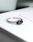 Side view of edgy color gemstone ring bena jewlry marquise shape spinel white gold ring montreal made in canada fine jewelry designer custom made engagement ring specialist