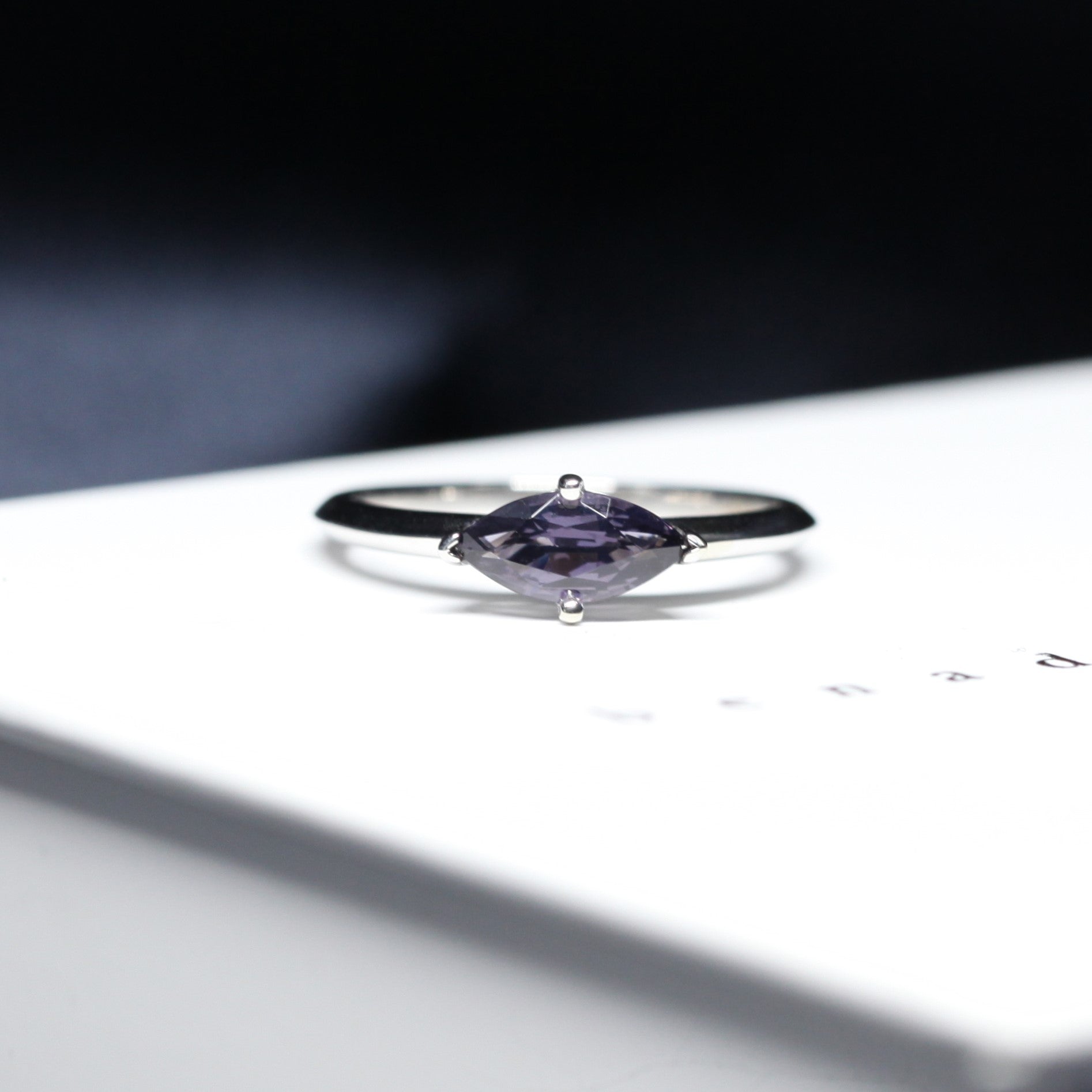 Front view of Marquise Shape Spinel Purple Gemstone Bridal Ring Custom Made in Montreal Edgy Style Bena Jewelry Montreal Made in Canada Color Gemstone Jewelry