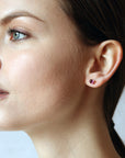 girl wearing a purple pink garnet gemstone stud earrings bena jewelry montreal color gemstone bridal jewelry custom made color gems jewels montreal little italy jeweler