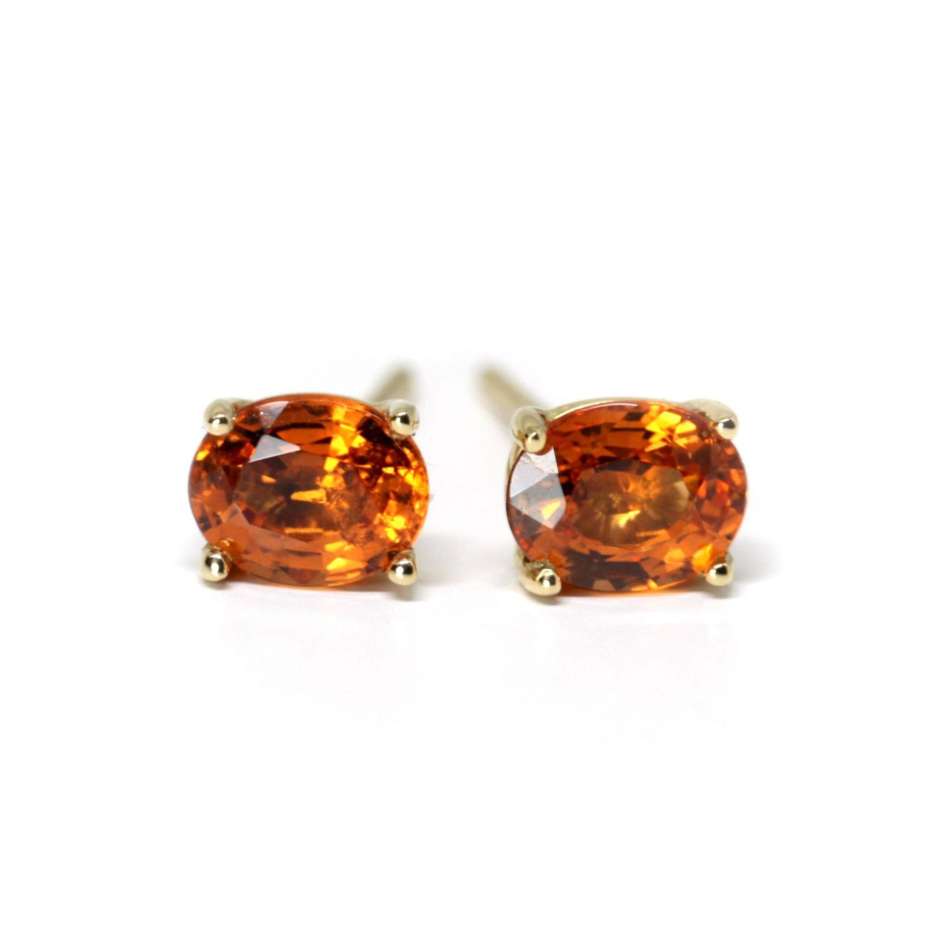 Gold gemstone stud earrings orange vivid spessartite garnet yellow gold gemstone stud earrings montreal made in canada minimalist color gemstone fine jewelry bena jewelry little italy jeweler montreal