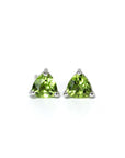front view of peridot trillion stud earrings vivid green gemstone earrings small studs green gems custom made color gemstone jewelry montreal made in canada jewelry studio fine jewelry designer montreal