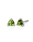 Trillion shape peridot gemstone stud earrings edgy minimalist green gemstone earrings bena jewelry monteal cusotm made color gemstone jewelry handmade little italy montreal small trillon studs bena jewelry montreal