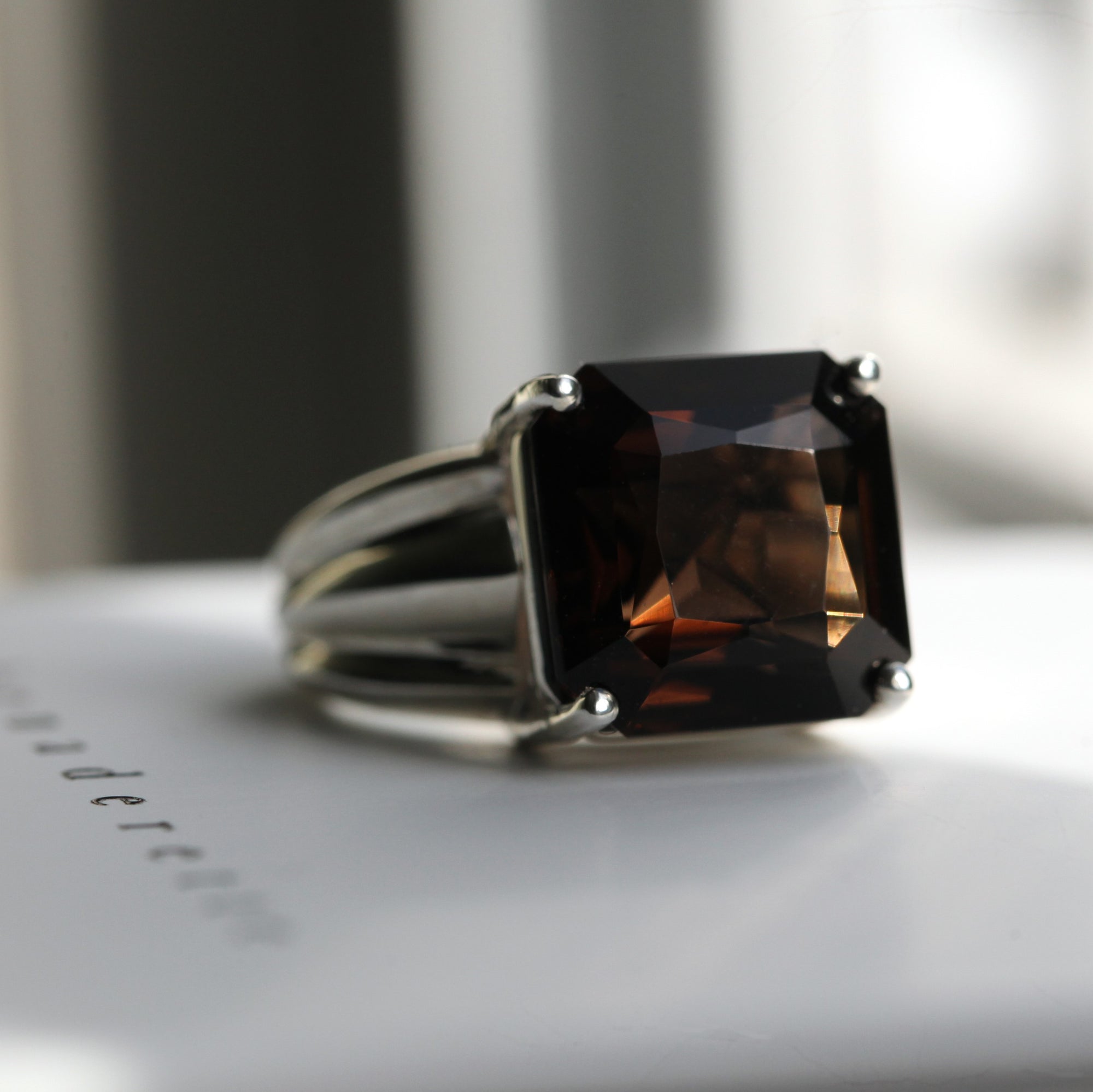Natural light brown smoky quartz gemstone cocktail ring bena jewelry montreal handmade in canada fine jewelry desgner silver cocktail ring brown black gemstone