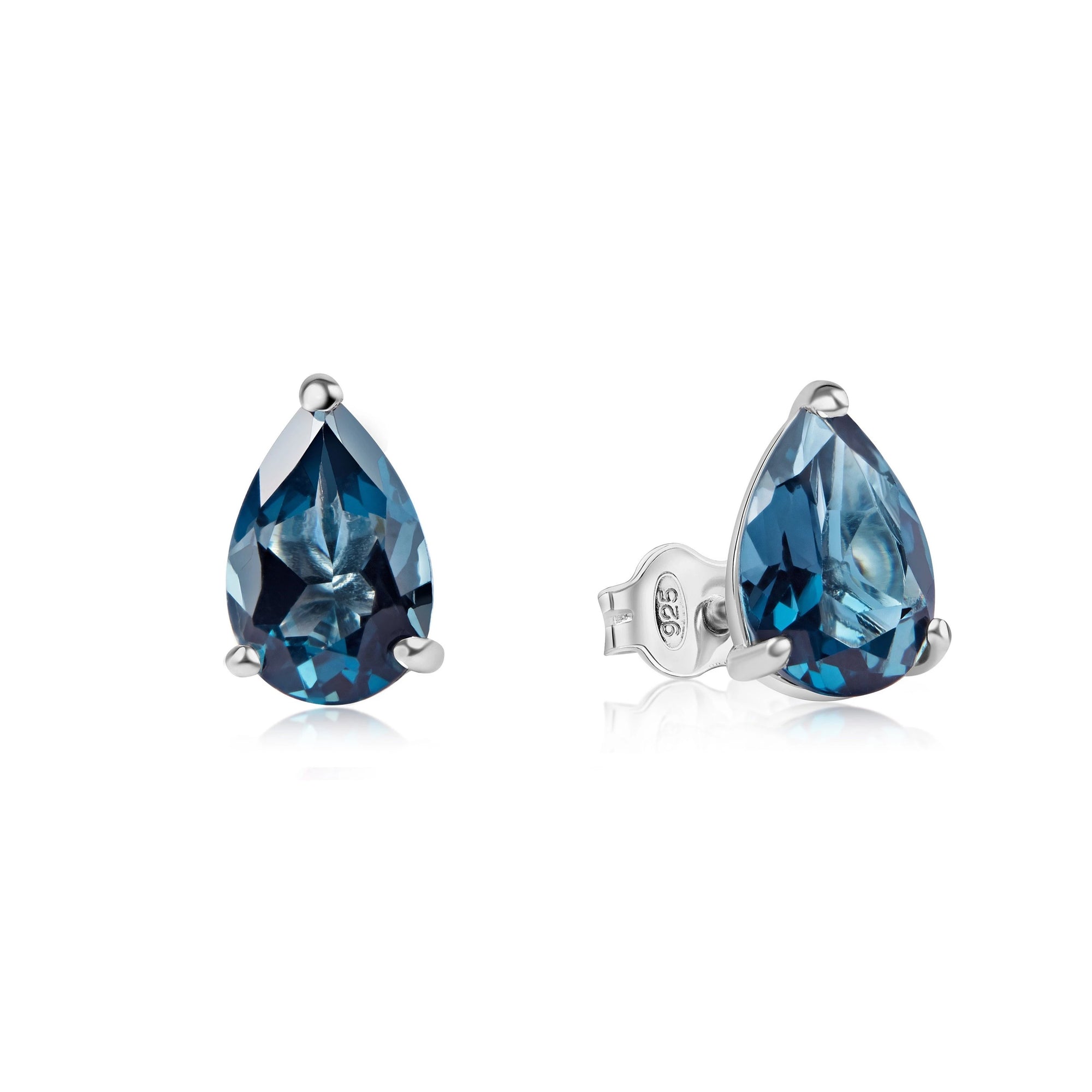 Front view of pear shape blue topaz gemstone stud earrings color gemstone silver earrings drop shape minimlalist natural gemstone jewelry natural blue gems earrings edgy fashion style bena jewelry montreal