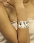 front view of girl wearing a cuff bracelet bold cocktail unisex jewelery montreal made silver bena jewelry montreal edgy jewelry design montreal little italy jeweler custom made silver jewels creation