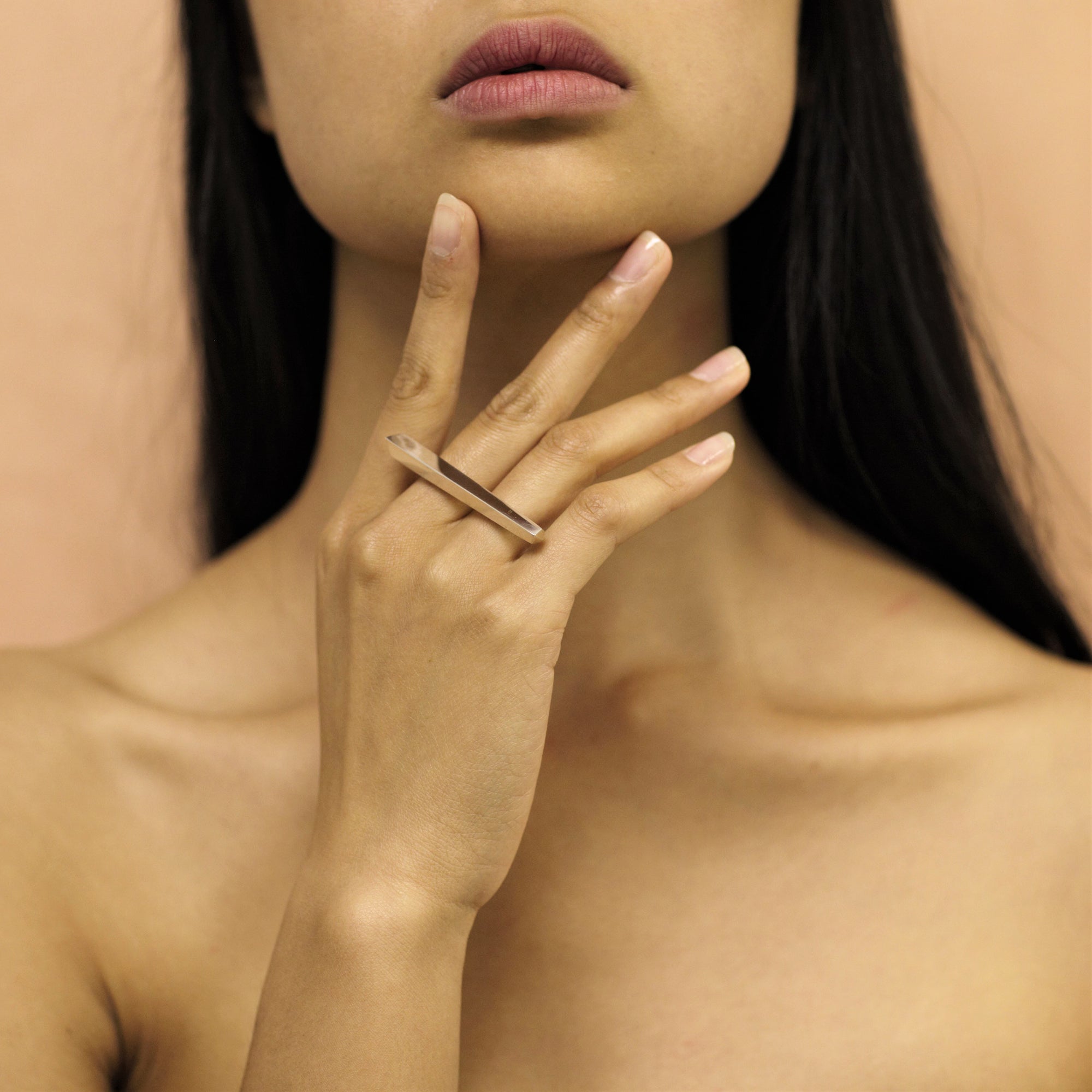 Girl Wearing Short Double Finger Silver Fine Jewelry
