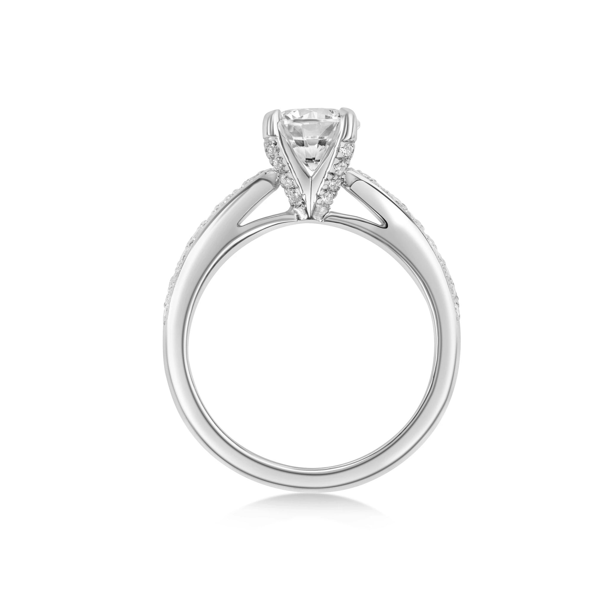 side view of round diamond engagement ring diamond prongs ring bena jewelry custom made diamond engagement ring montreal handamde fine jewelry little italy montreal