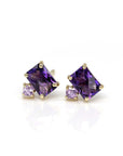 Front view on white background: A clear view of the Amethyst & Pink Studs Earrings, showcasing the checkerboard-cut amethyst and square pink sapphire set in yellow gold. Designed by Bena Jewelry in Montreal, Canada.