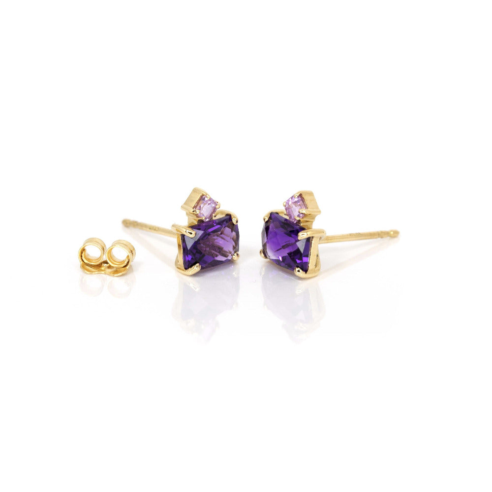 pair of yellow gold purple gemstone earrings amethyst and pink sapphire dainty earrings studs montreal made by bena jewelry designer