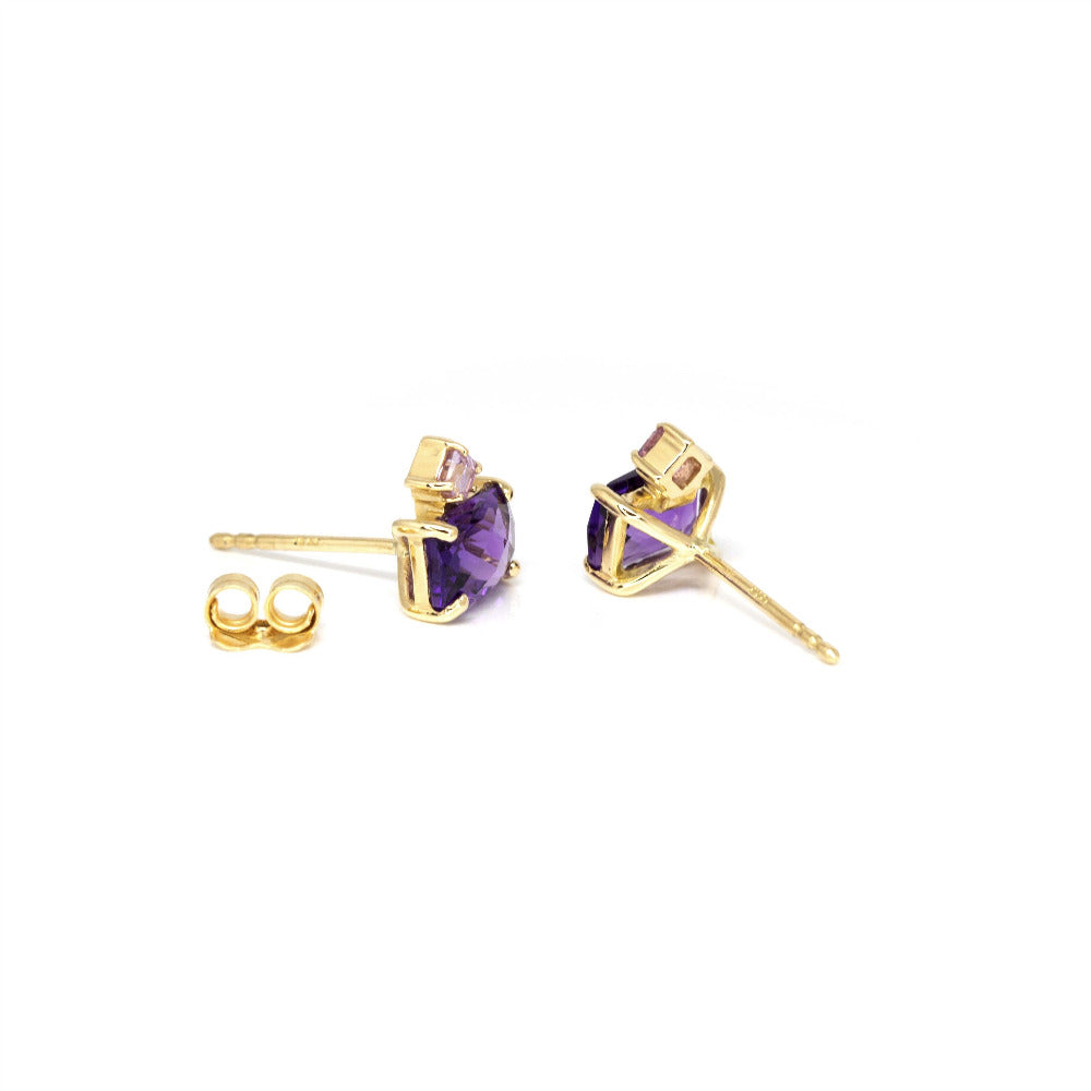 Back view Amethyst & Pink Studs Earrings presented in Bena Jewelry’s black custom packaging, showcasing their luxury appeal and meticulous craftsmanship.