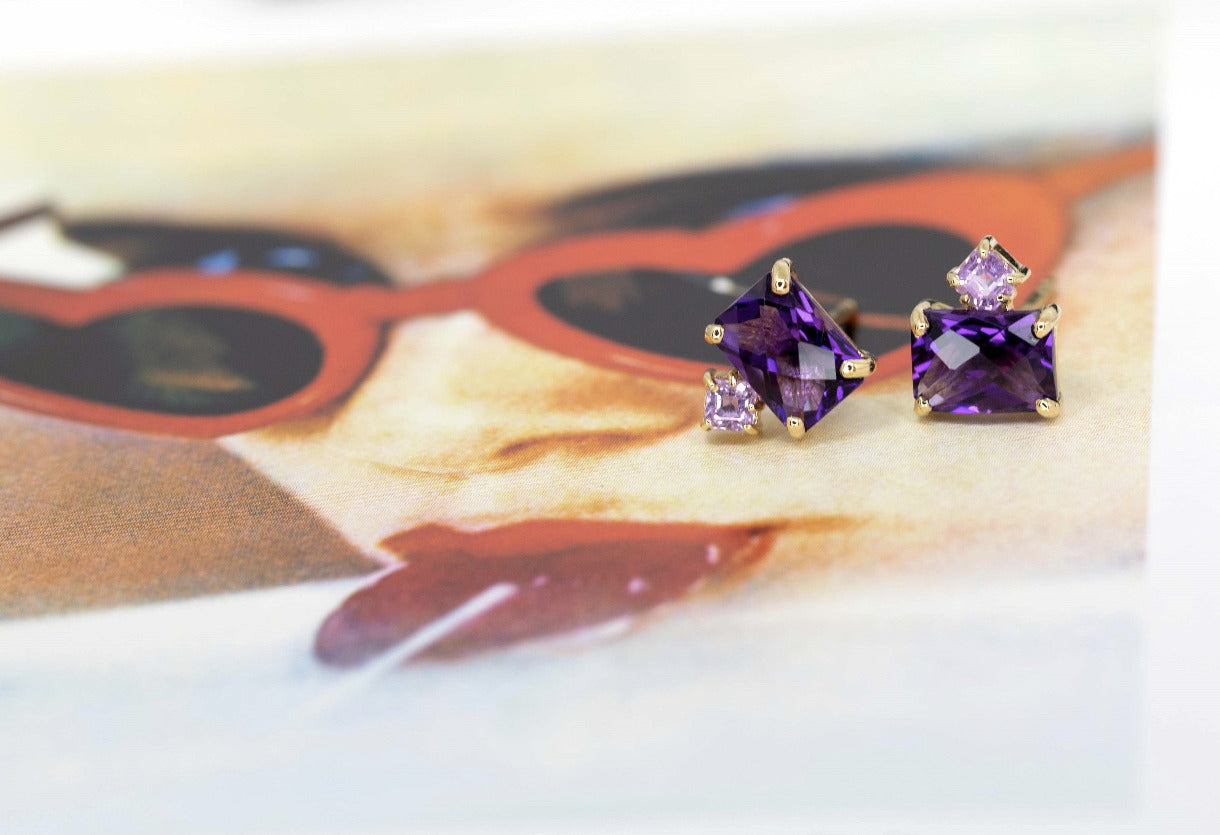 yellow gold amethyst gemstone studs with asscher cut pink sapphire bridal earrings made by bena jewelry designer montreal