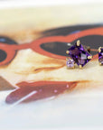 yellow gold amethyst gemstone studs with asscher cut pink sapphire bridal earrings made by bena jewelry designer montreal