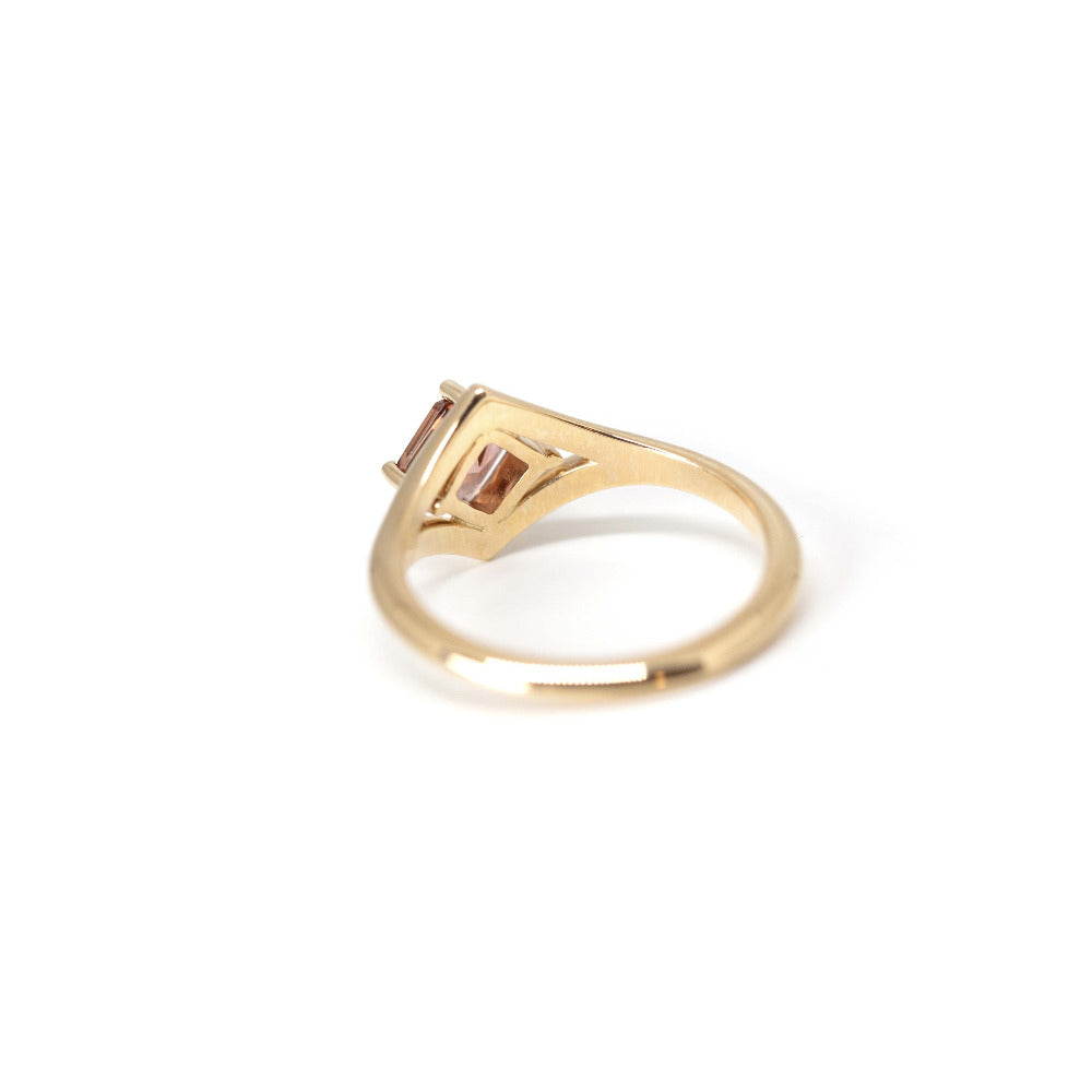 Back view: Displays the seamless construction of the yellow gold band and the secure setting for the Asscher-cut zircon. Made by Bena Jewelry in Montreal, Canada.