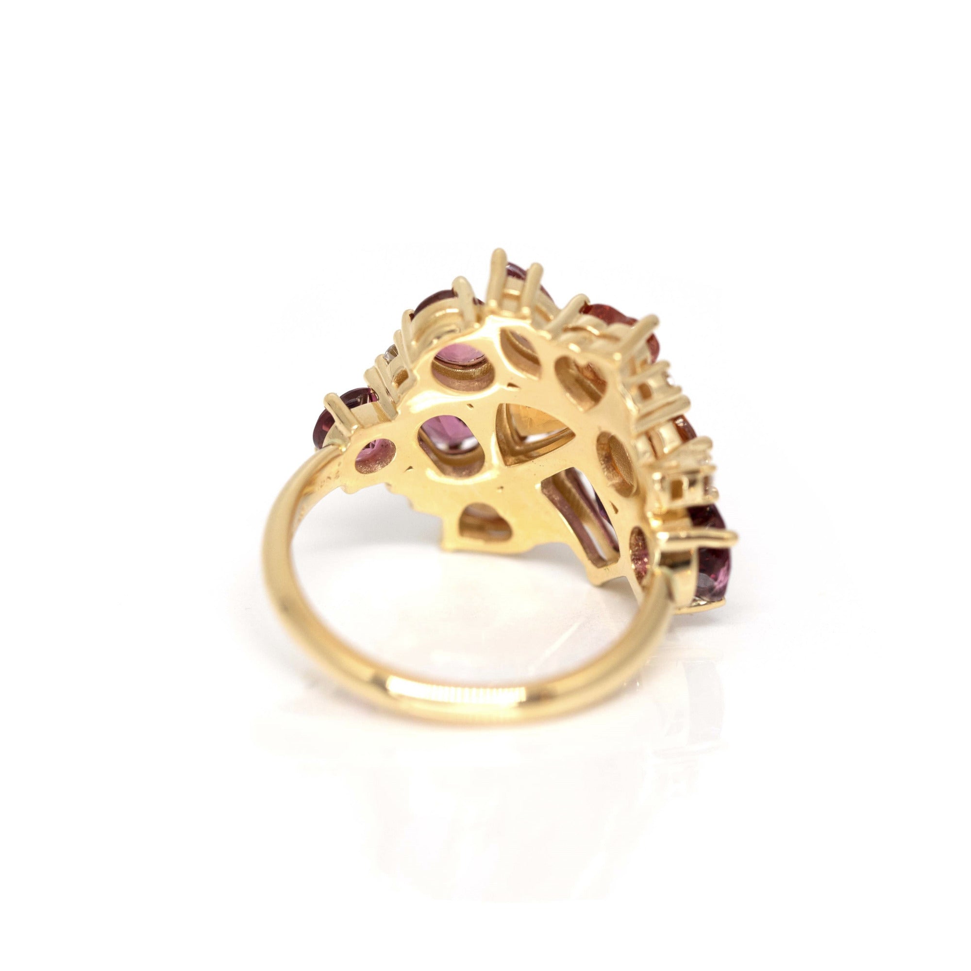 Back view: Reveals the secure gemstone settings and the fine craftsmanship of the yellow gold band. Custom-designed by Bena Jewelry, Montreal, Canada.