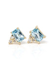 Yellow gold earrings featuring sky-blue emerald-cut zircons and three extra-brilliant white diamonds, crafted by Bena Jewelry in Montreal.