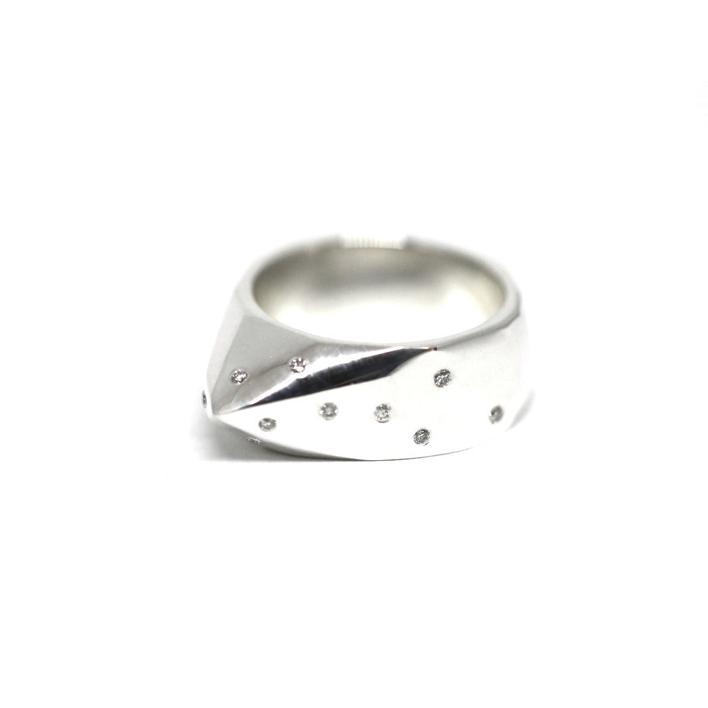 Sleek and powerful, the Alp Ring in white gold showcases a unique organic silhouette with subtle diamond pavé detailing. Crafted by Canadian designer Bena Jewelry.