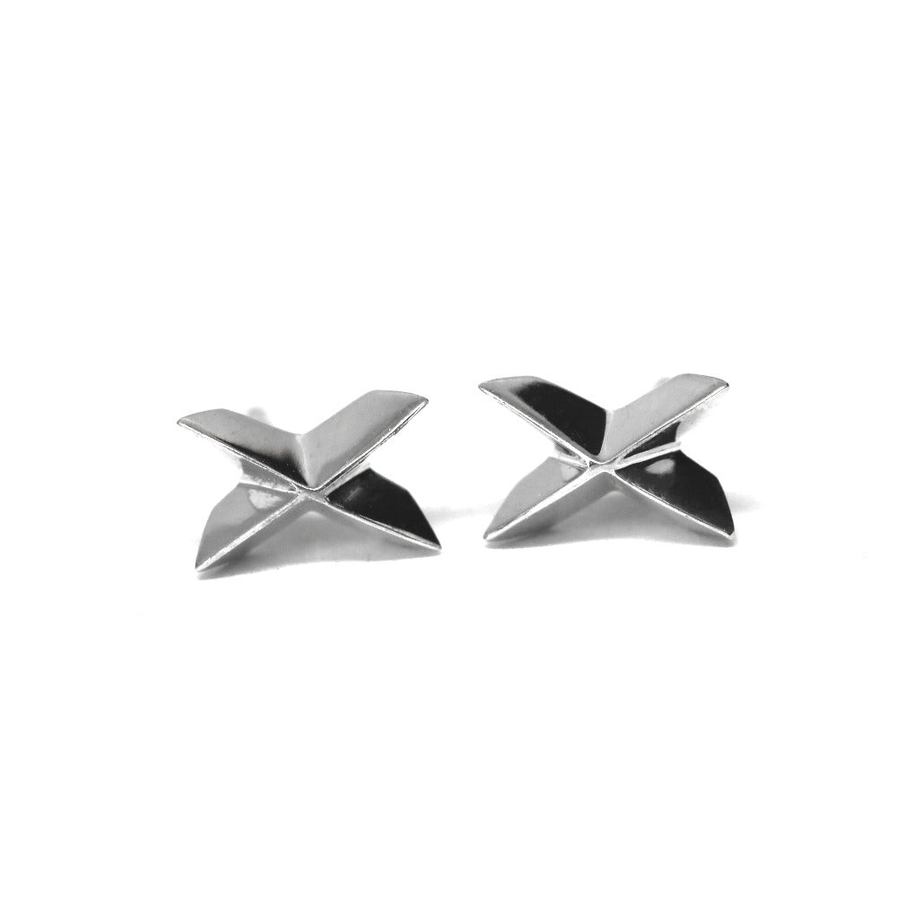 Cross Gold Studs in white gold by Bena Jewelry showcasing a sharp cross design, photographed on a white background, fine unisex jewelry made in Montreal.