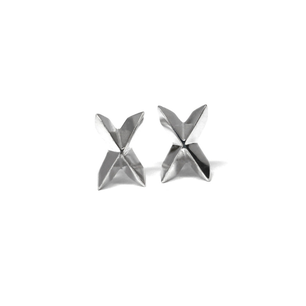 Cross Gold Studs in white gold featuring a sharp and edgy cross design by Bena Jewelry, photographed on a clean white background, modern unisex earrings custom-crafted in Montreal.
