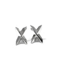 Cross Gold Studs in white gold featuring a sharp and edgy cross design by Bena Jewelry, photographed on a clean white background, modern unisex earrings custom-crafted in Montreal.