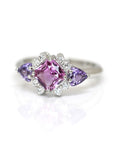 pink sapphire diamond engagement platinum ring custom made in montreal by bena jewelry design on a white background
