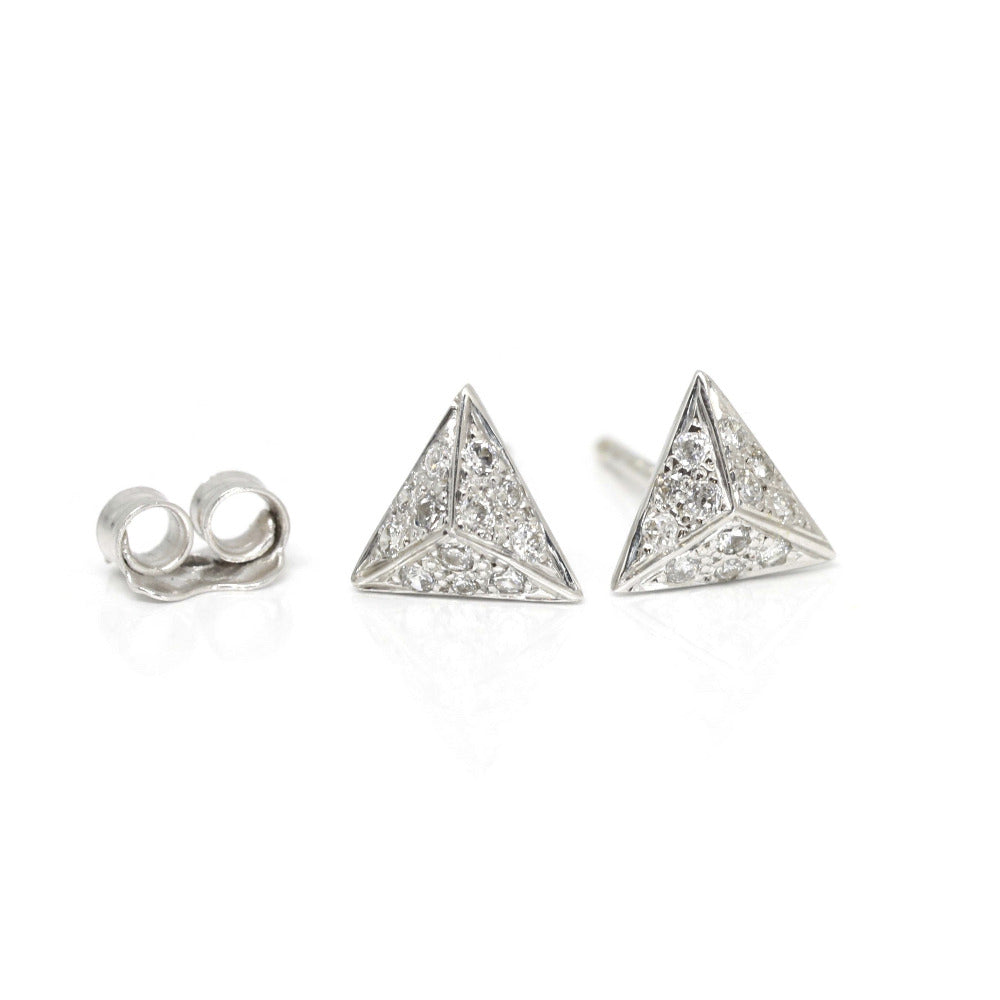Front view of the Delta Diamond Studs highlighting their sharp, edgy design and full diamond pavé.