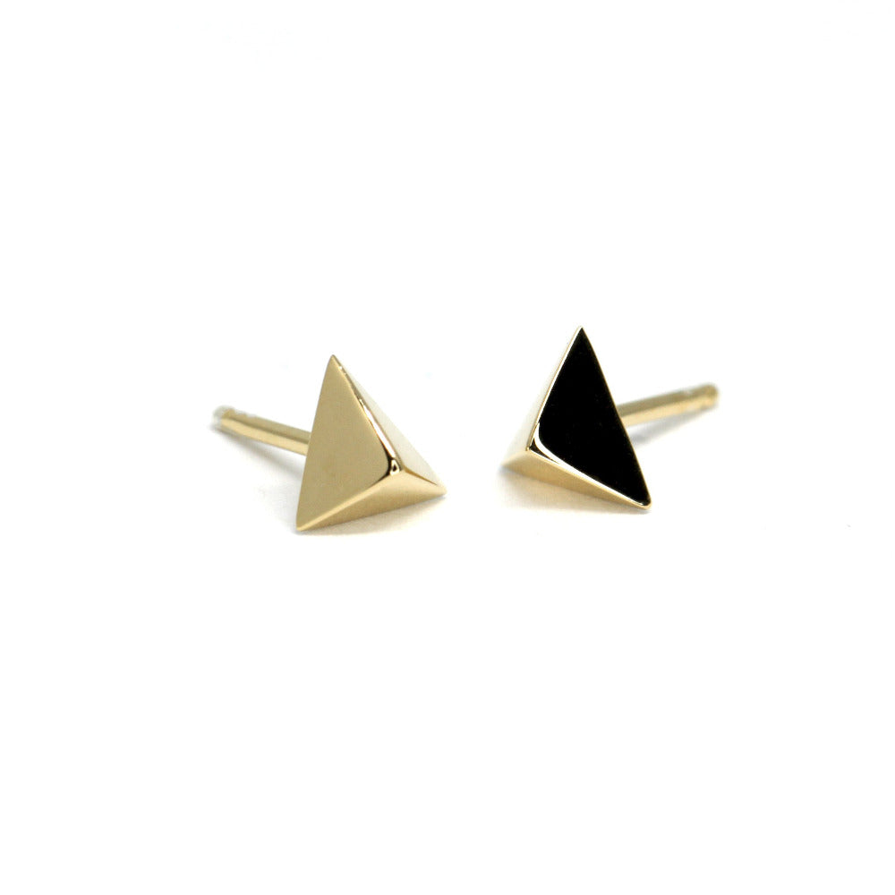 Pyramid-shaped yellow gold stud earrings, Delta Gold Studs by Bena Jewelry, displayed on a clean white background, modern fine jewelry made in Canada.