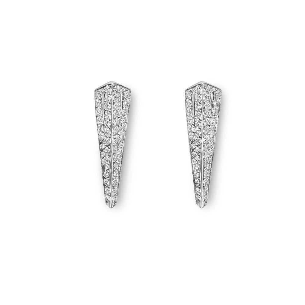 Long Pike Diamond Earrings on white background – High-jewelry diamond earrings set in white gold, designed with a sharp and edgy aesthetic by Bena Jewelry in Montreal.