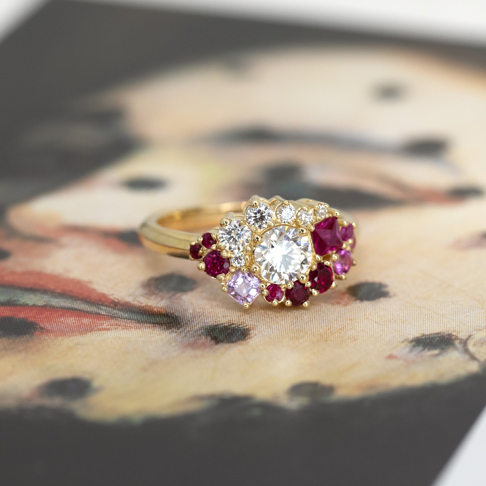 Showcases the smooth finish of the band and secure gemstone settings, emphasizing quality craftsmanship. Custom fine jewelry by Bena Jewelry, Montreal, Canada.