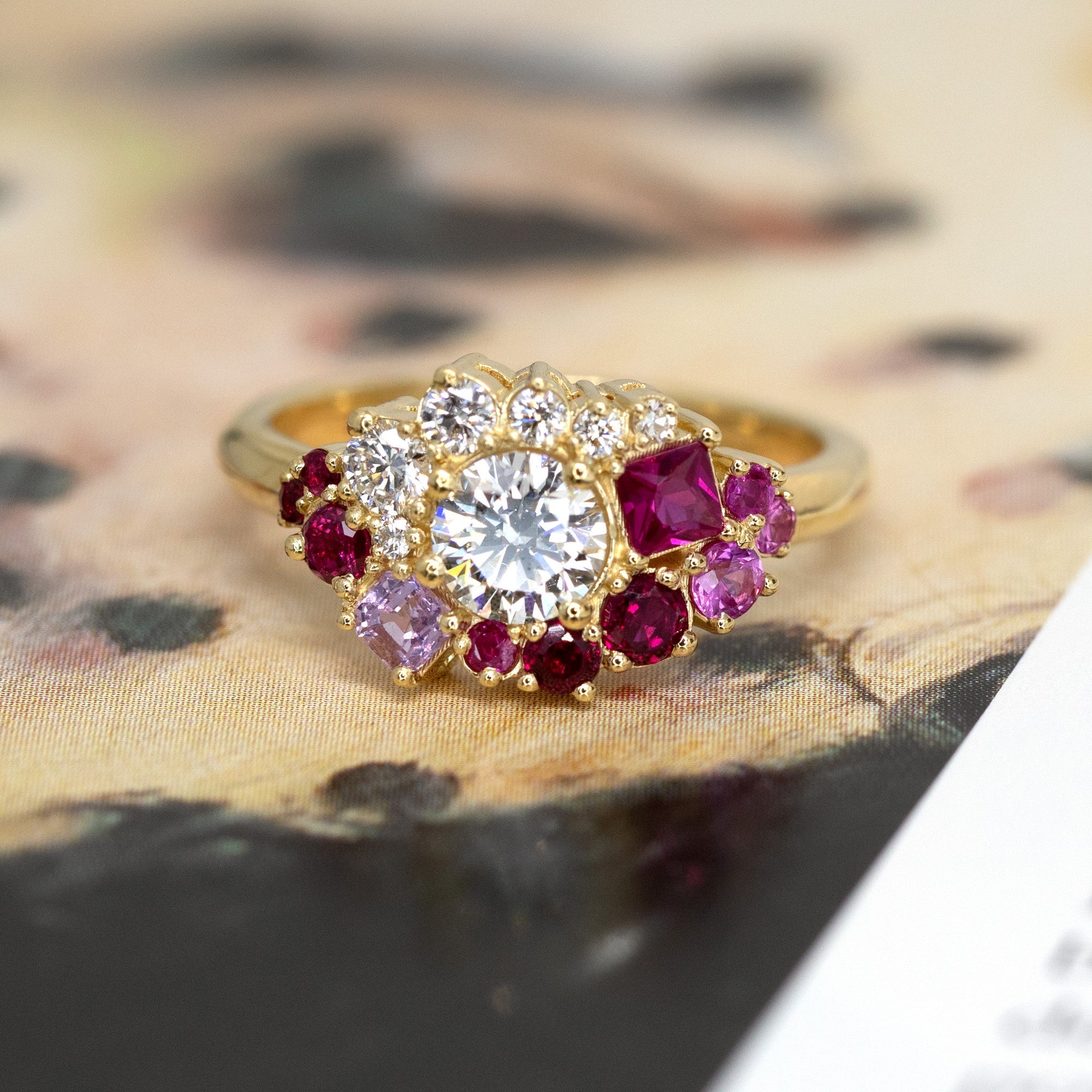 Captures the intricate side detailing of the band and gemstone settings. Made in Montreal, Canada, by Bena Jewelry.