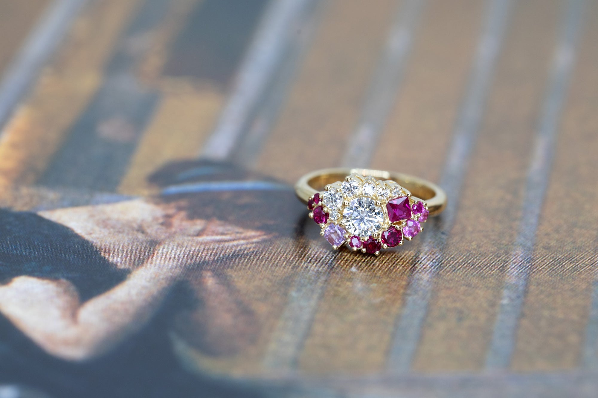 Captures the intricate side detailing of the band and gemstone settings. Made in Montreal, Canada, by Bena Jewelry.
