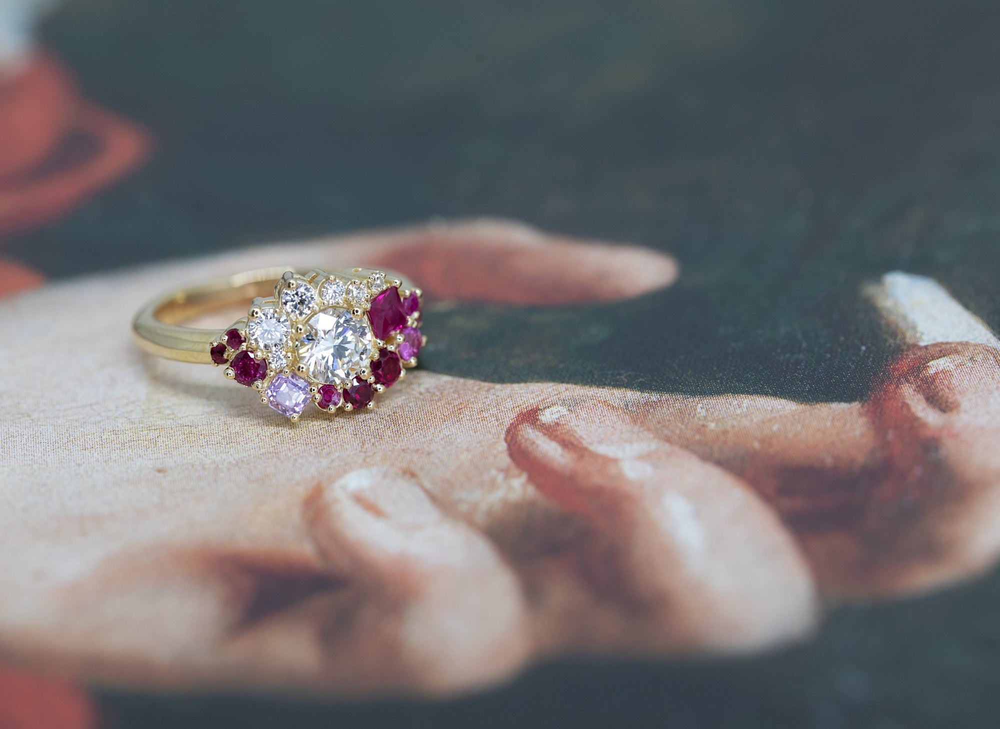 diamond and ruby custom made designer ring bena jewelry montreal on multi color background