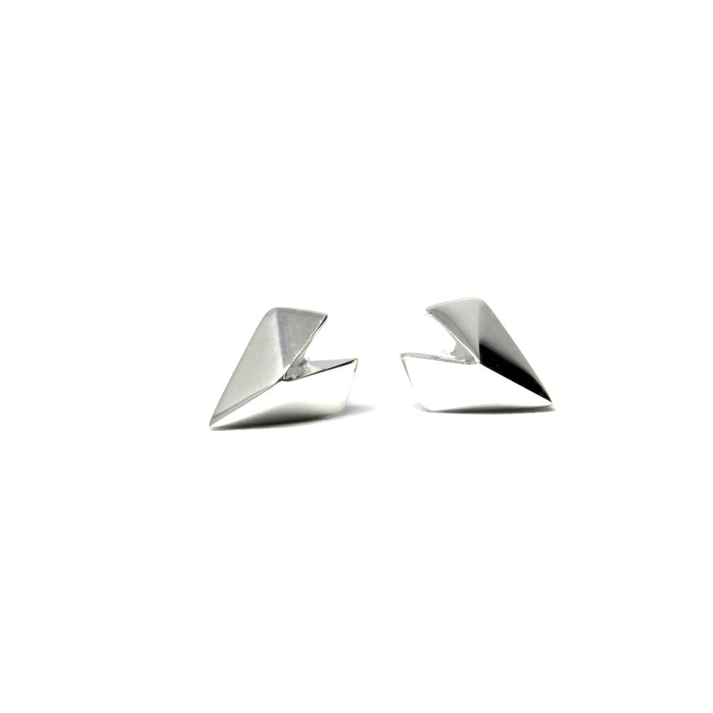 Edgy Gold Heart Studs in white gold by Bena Jewelry, showcasing a modern geometric heart design, photographed on a white background, fine unisex jewelry made in Montreal.