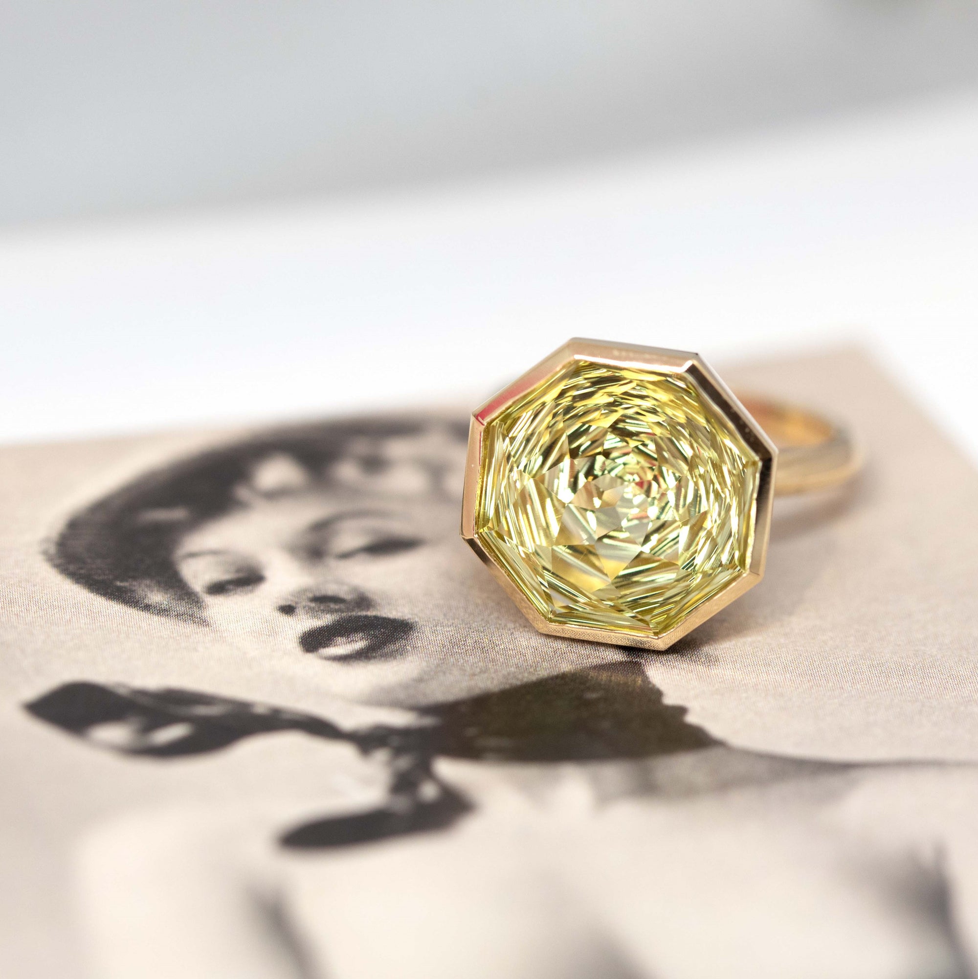 Octagonal Lemon Quartz Ring in yellow gold with a bezel-set lemon quartz by Bena Jewelry.