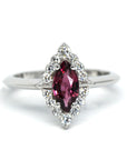 Marquise shape engagement ring bena jewelry red garnet gemstone edgy bena jewlery fine jewelry designer rhodolite engagement ring montreal made in canada custom color gemstone bridal ring handmade in montreal little italy jeweler