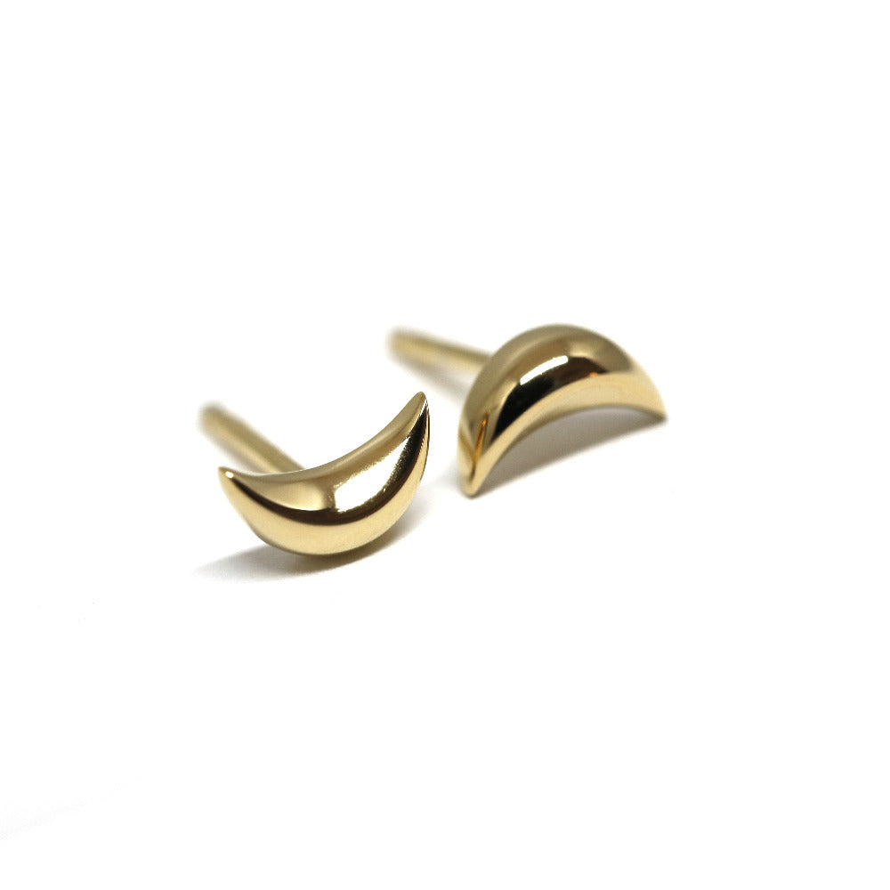 Yellow gold moon stud earrings, sleek and modern design by Bena Jewelry, featured on a white background. Perfect for everyday wear, handmade in Canada.