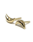 Crescent moon stud earrings in yellow gold by Bena Jewelry, minimalist unisex design, displayed on a white background. Handmade in Canada.