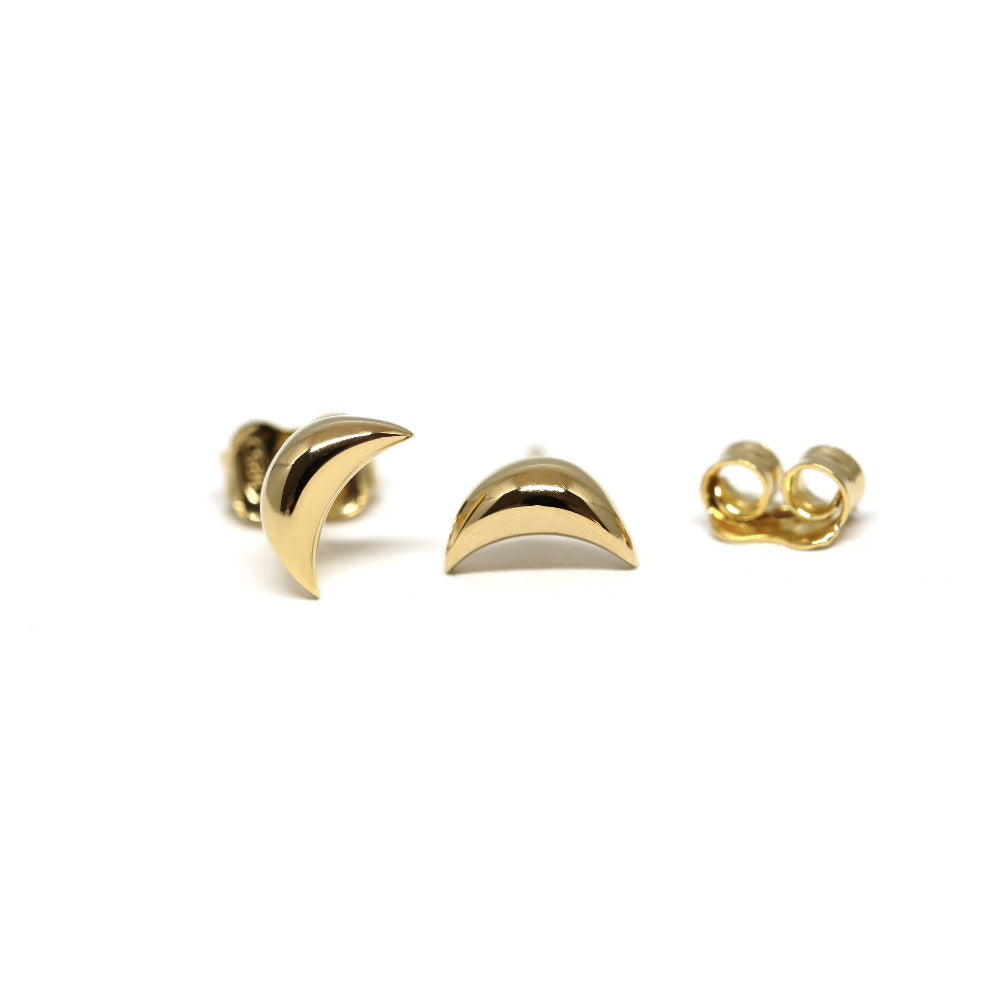 Minimalist yellow gold crescent earrings by Bena Jewelry, unisex design, photographed on a white background. Made in Canada.