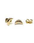 Minimalist yellow gold crescent earrings by Bena Jewelry, unisex design, photographed on a white background. Made in Canada.